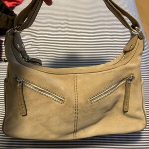 Tod’s suede handbag in tan with silver hardwaree